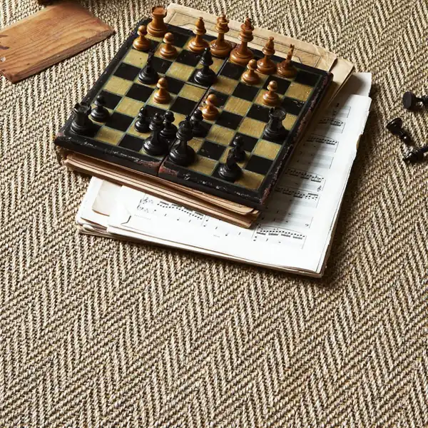 Natural herringbone sisal carpet with chessboard