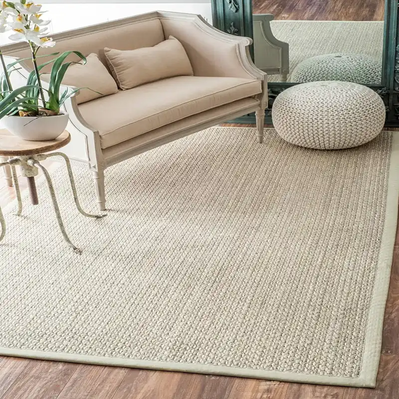 Cream woven rug with fabric border in a living room