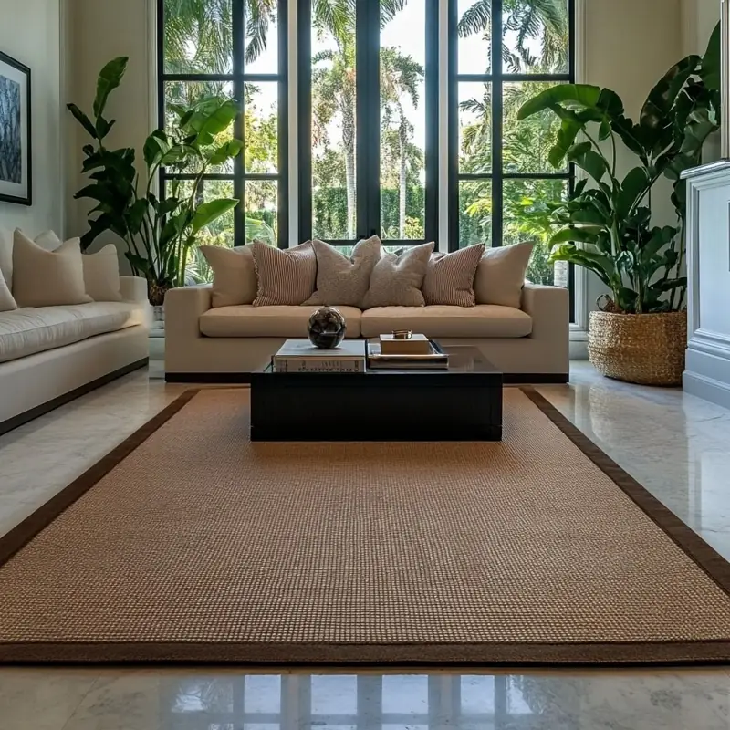 Large sisal area rug with dark brown border