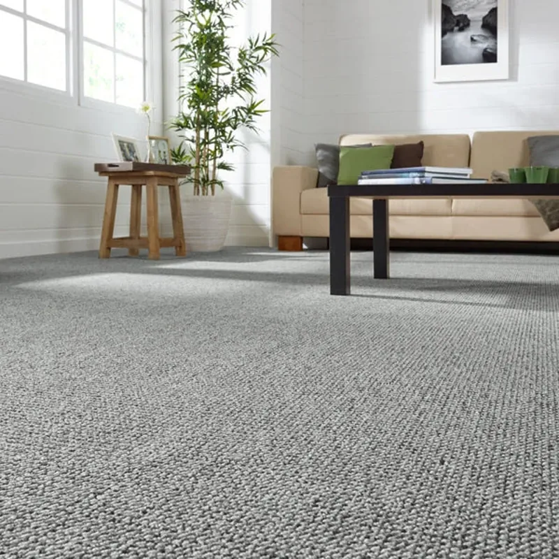 Light grey loop pile carpet in a bright room