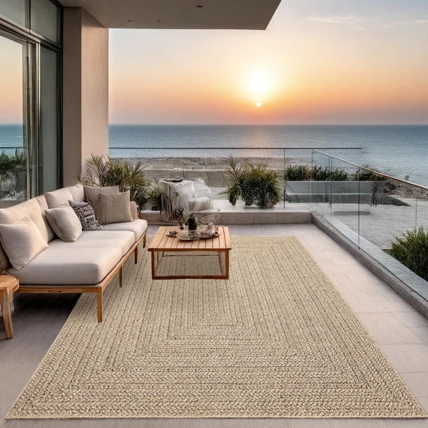 Sisal outdoor area rug on a modern balcony at sunset.