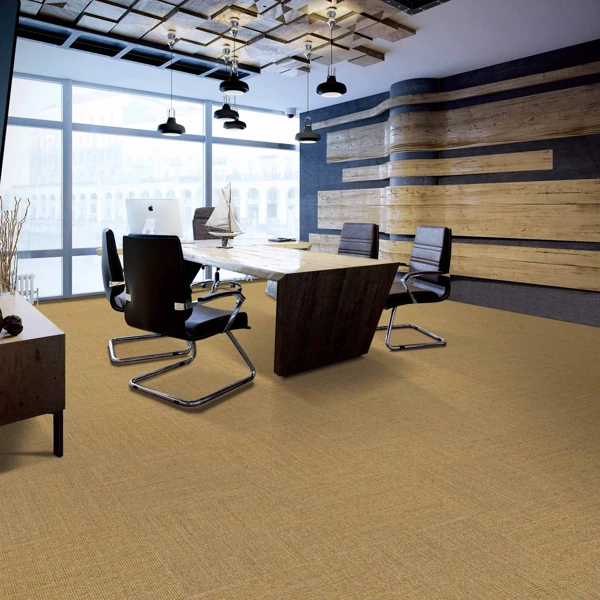Tan woven commercial carpet in a large office