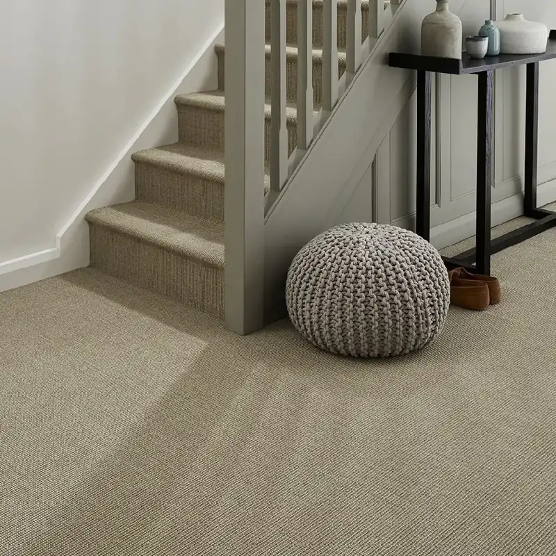 Taupe textured carpet on floors and stairs