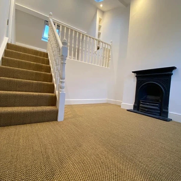 Wall-to-wall tan sisal carpet in living room